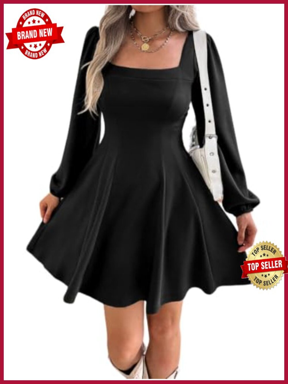 Women Square Neck Long Lantern Sleeve A Line Mini Dress with Pockets